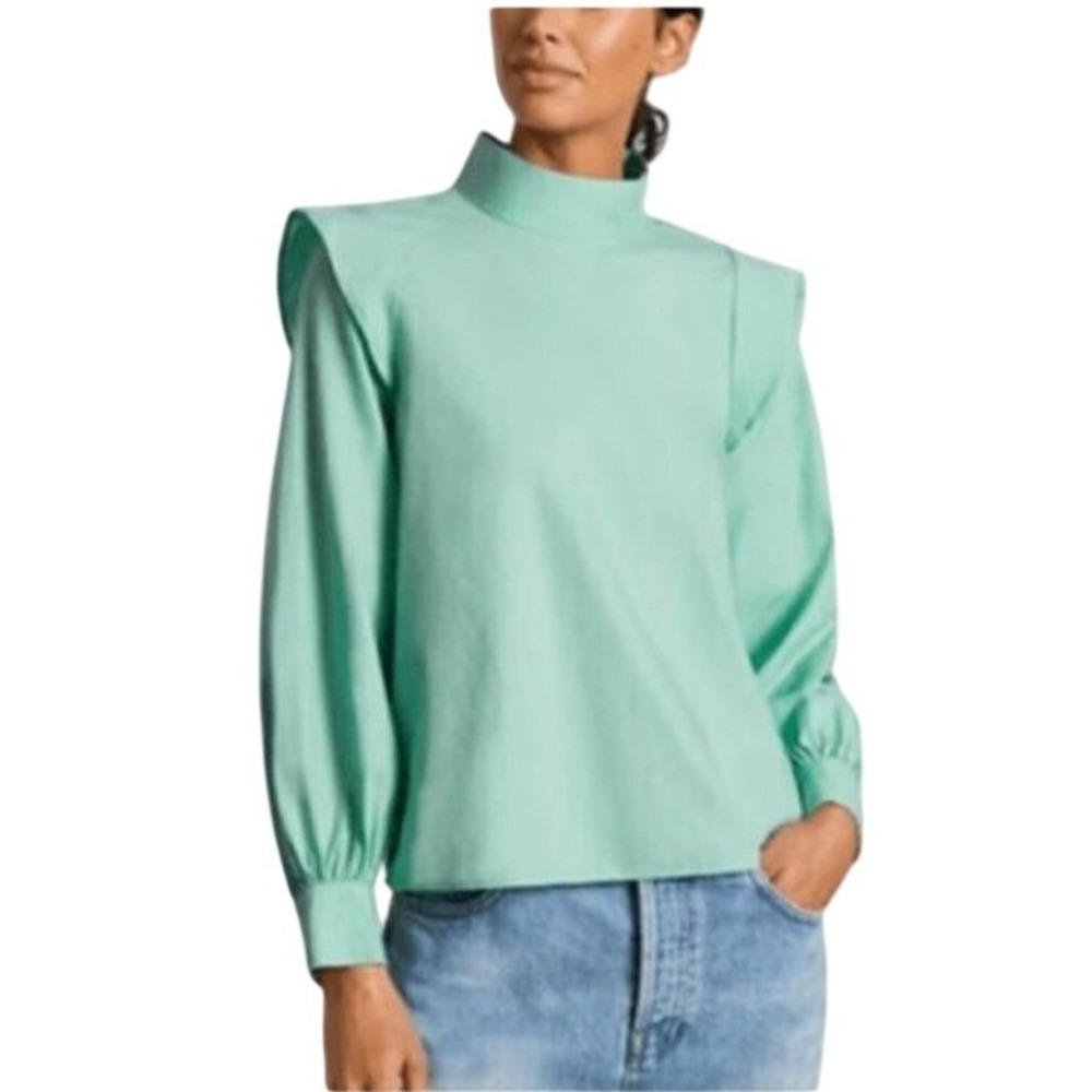 Everlane NEW The Wing Shoulder Mock Neck Blouse Jade Green Cotton S contemporar